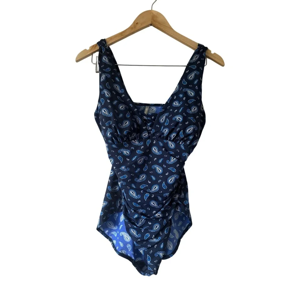 Lands End Womens Navy Blue Paisley Ruched One Piece Swimsuit Size 8‎ V-Neck